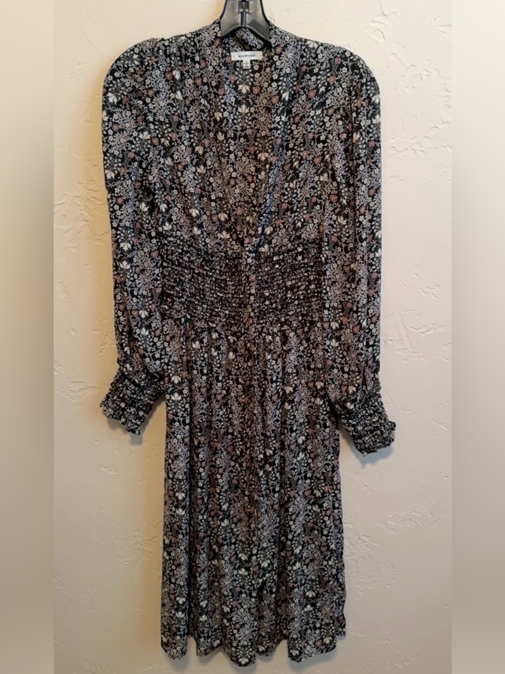 Max Studio Black Floral Long Sleeve Shirred Waist Dress